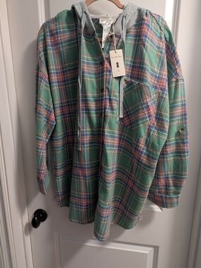 Vanilla Bay Green Plaid Button-Down Shirt with Hoodie